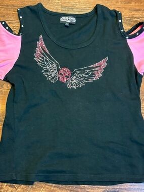 Ladies Sports Gallery Grunge Top Shoulder Cut Rhinestones Pink And Black Size XL